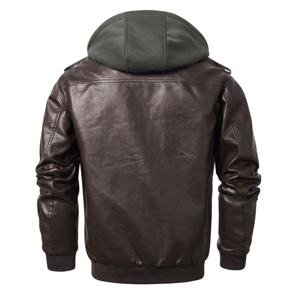 MagcoMsen Faux Leather Jacket Brown Layered Removable Hood Moto Sz XL Men's - Picture 3 of 13